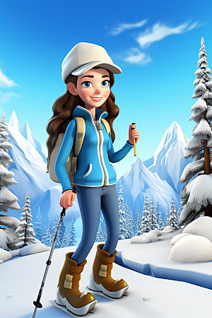 冬季户外3D插画滑雪滑冰人物模型
