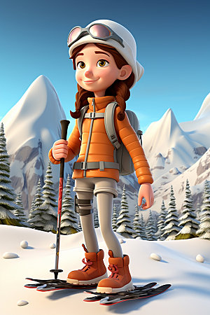 冬季户外3D插画卡通动画人物模型