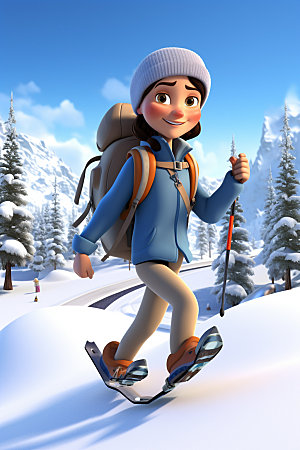 冬季户外卡通动画3D插画人物模型