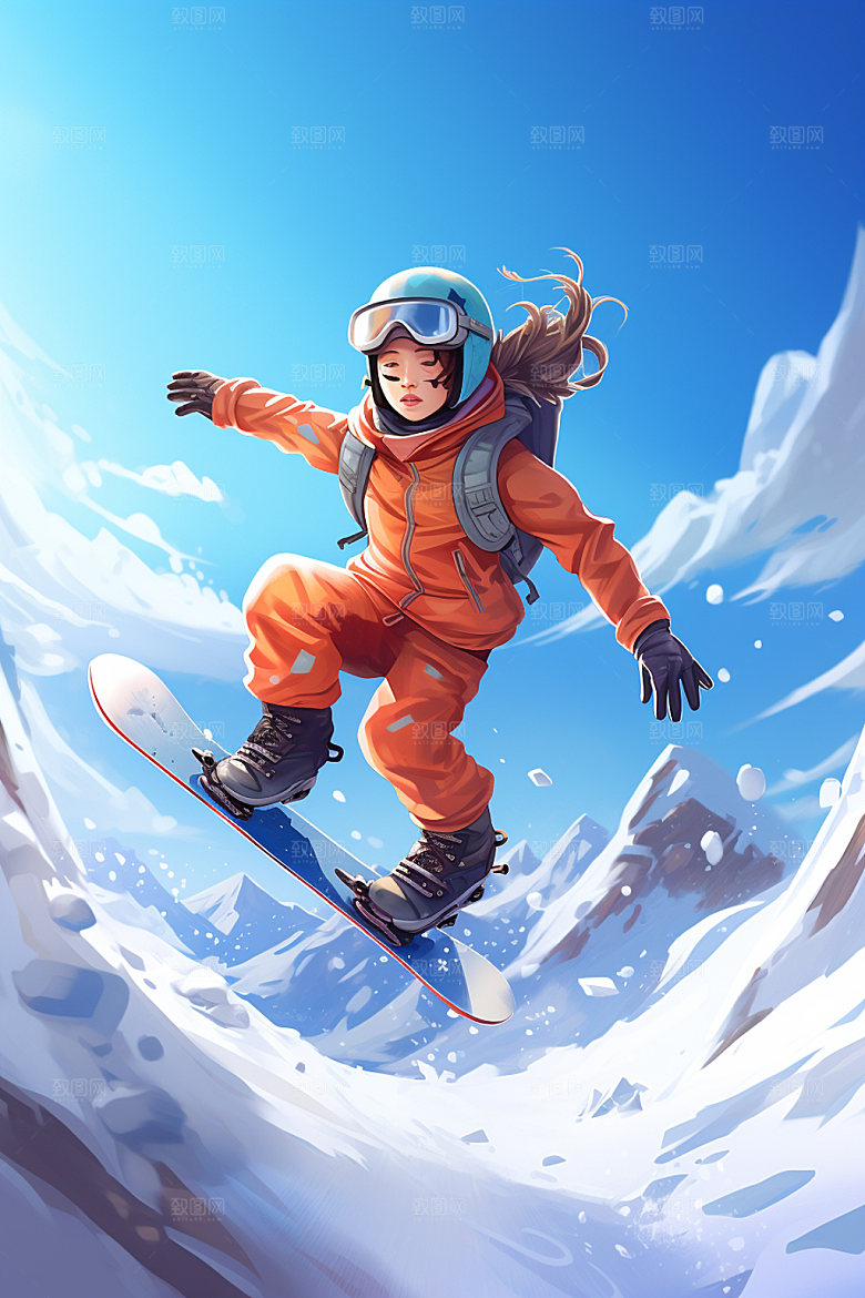 冬季户外3D插画滑雪滑冰人物模型