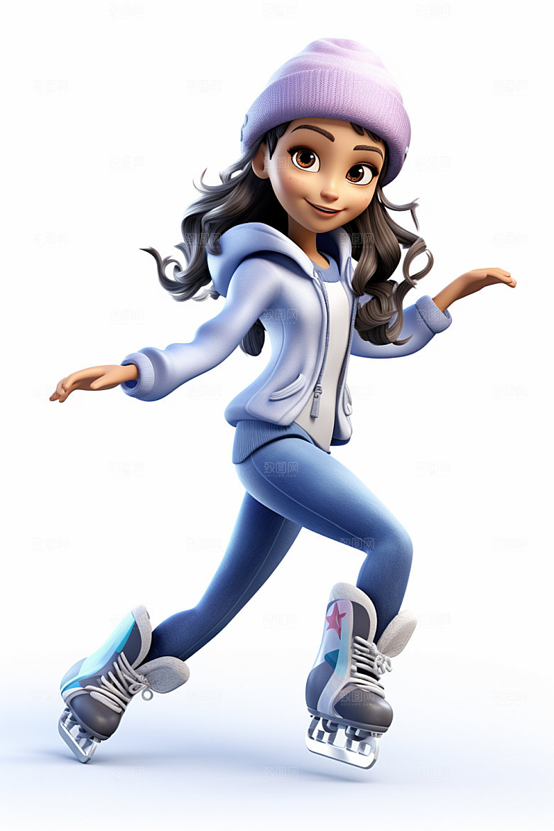 冬季户外3D插画滑雪滑冰人物模型