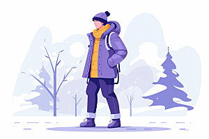 冬季户外时尚路人矢量插画