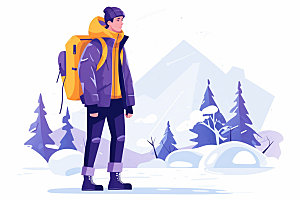 冬季户外人物组合手拎购物袋矢量插画