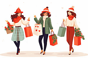 冬季户外时尚手拎购物袋矢量插画