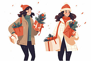 冬季户外手拎购物袋人物组合矢量插画