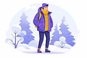 冬季户外手拎购物袋时尚矢量插画
