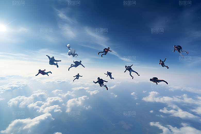 多人跳伞团队协作高空运动摄影图