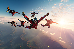 多人跳伞团队协作极限运动摄影图