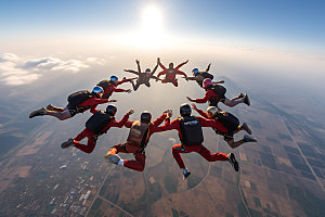 多人跳伞团队协作挑战摄影图