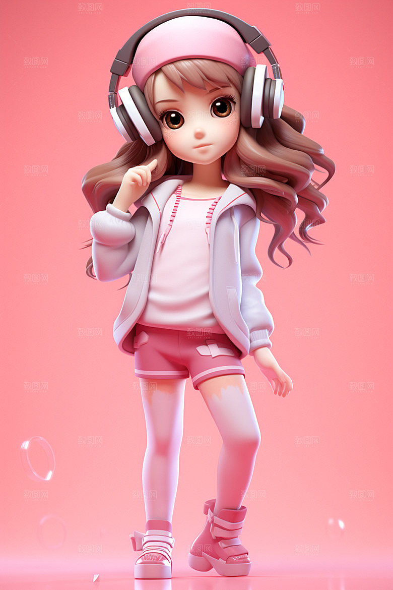 耳机少女卡通时尚模型