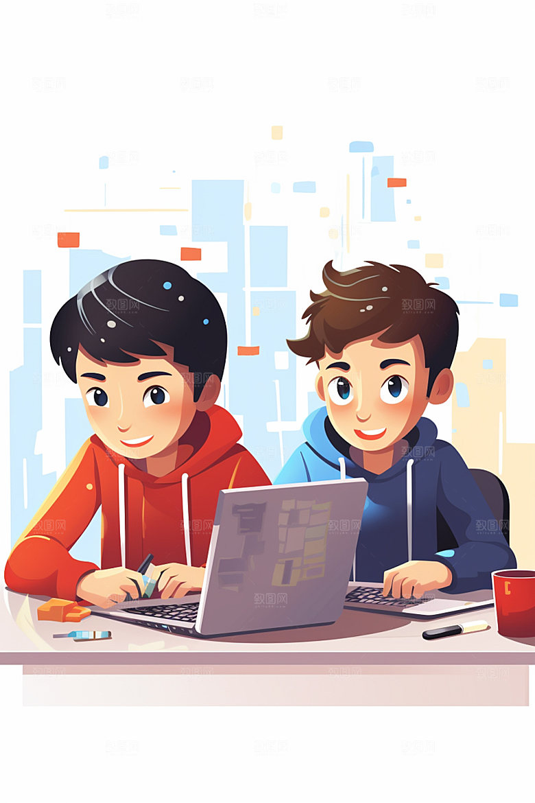 儿童编程计算机卡通插画