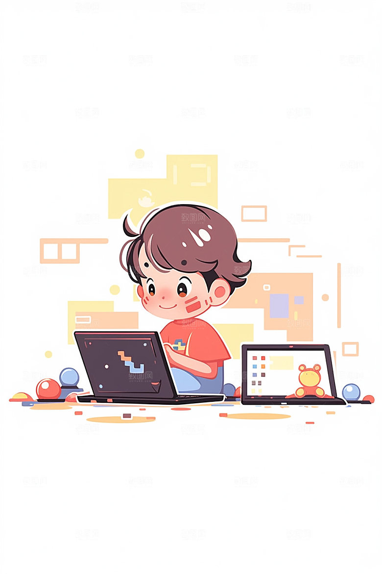 儿童编程天才少年插画