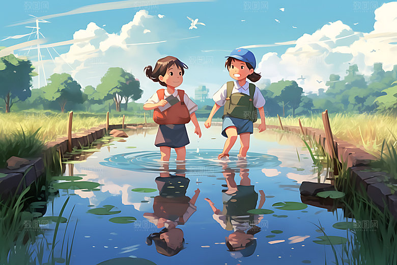儿童玩水夏日戏水插画
