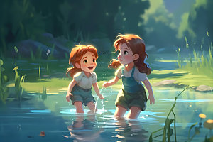 儿童玩水清新夏日插画