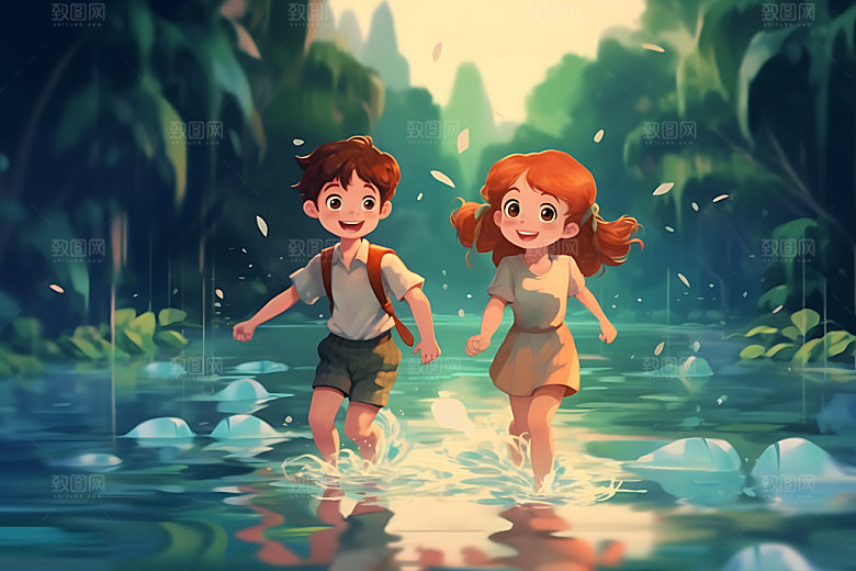 儿童玩水清凉夏日插画