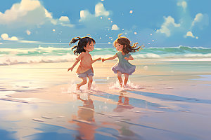 儿童玩水夏季游泳插画