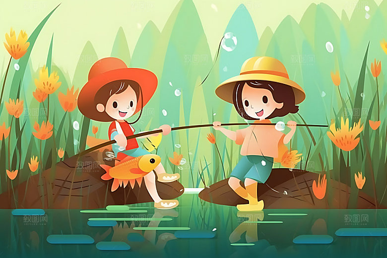 儿童玩水凉爽夏天插画