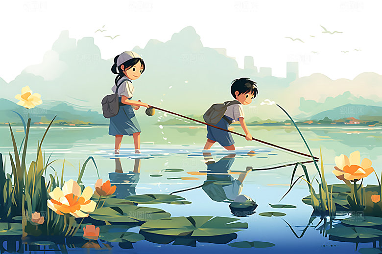 儿童玩水游泳清新插画