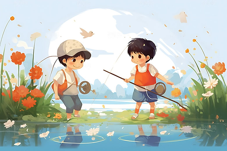儿童玩水凉爽夏季插画