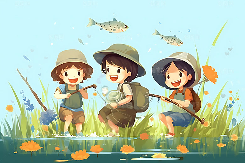 儿童玩水卡通清凉插画