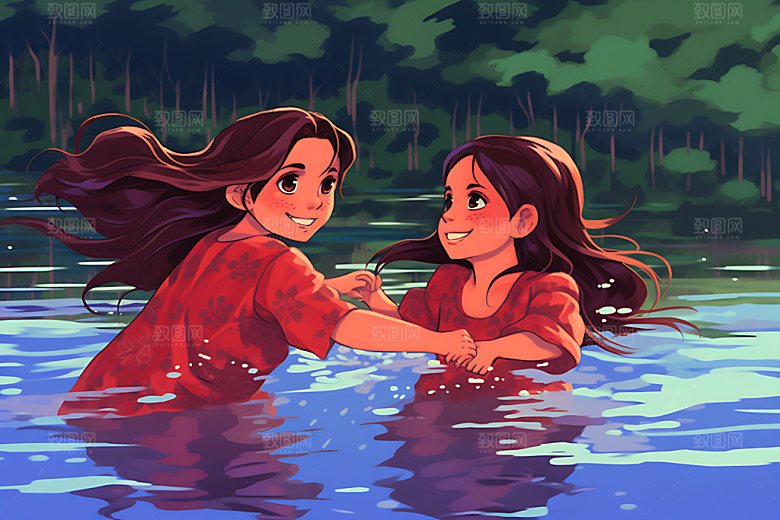 儿童玩水夏日卡通插画