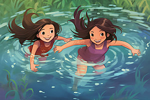 儿童玩水夏日消暑插画