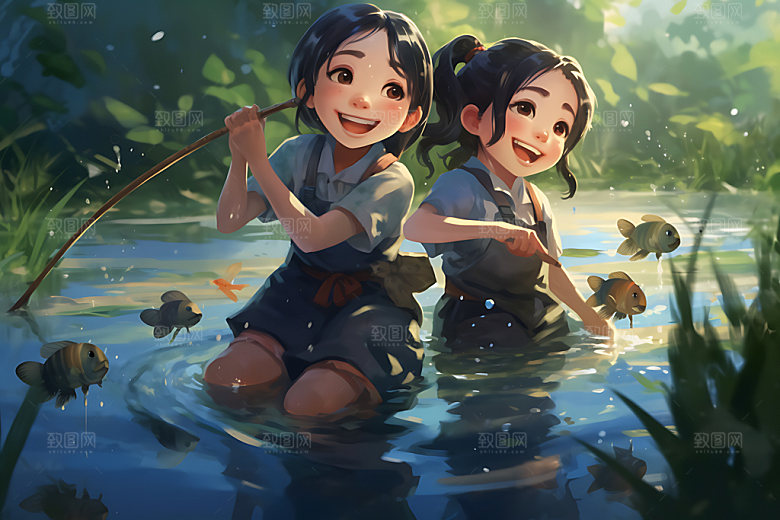 儿童玩水卡通夏日插画