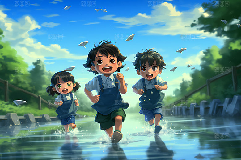 儿童玩水清新凉爽插画