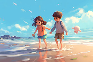 儿童玩水清新夏天插画