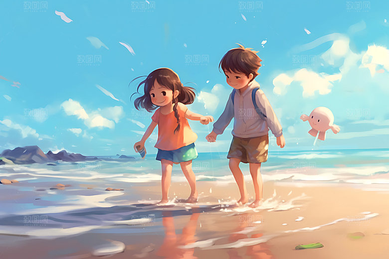 儿童玩水清新夏天插画