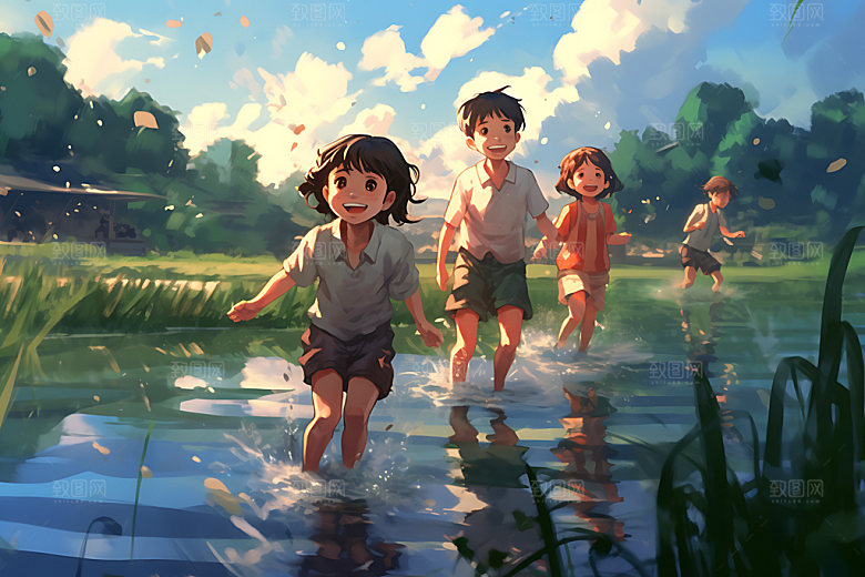 儿童玩水夏天凉爽插画