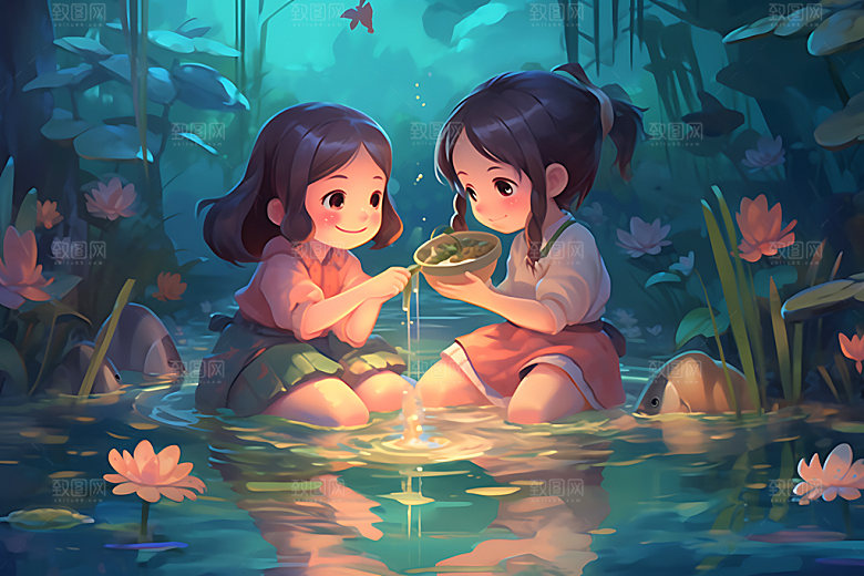儿童玩水消暑清凉插画