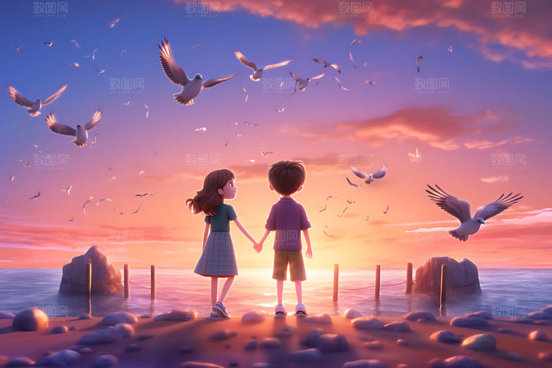 儿童玩水夏天可爱插画
