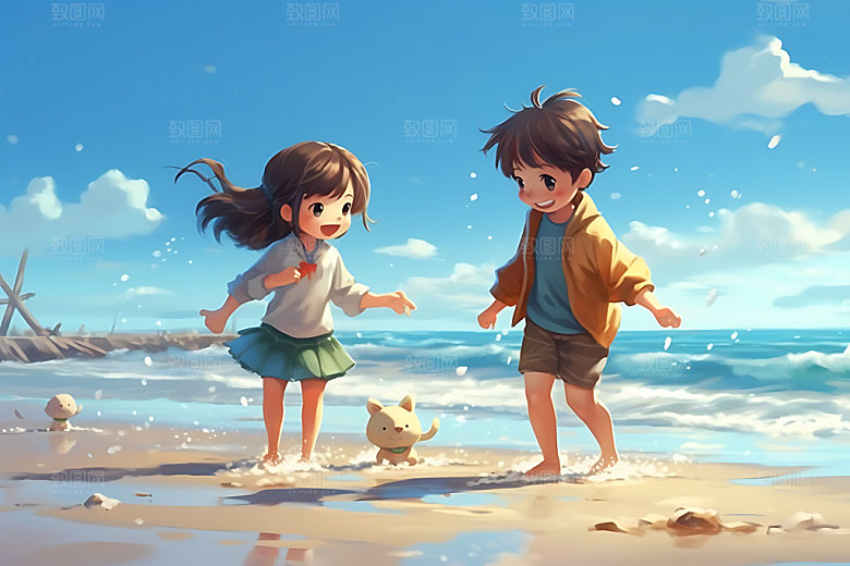 儿童玩水凉爽卡通插画