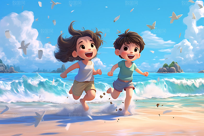 儿童玩水夏季夏天插画
