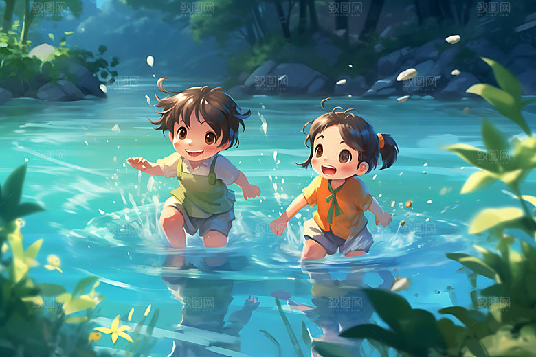 儿童玩水凉爽夏天插画