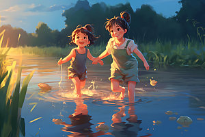 儿童玩水夏天游泳插画