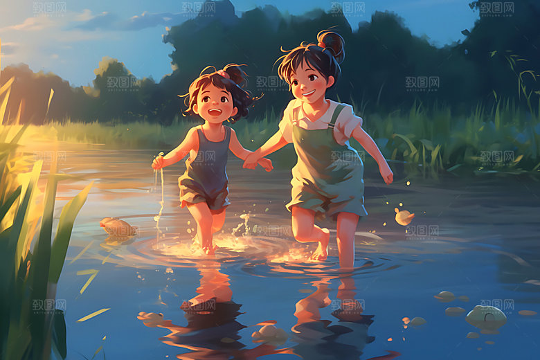 儿童玩水夏天游泳插画