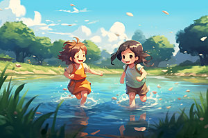 儿童玩水夏季消暑插画
