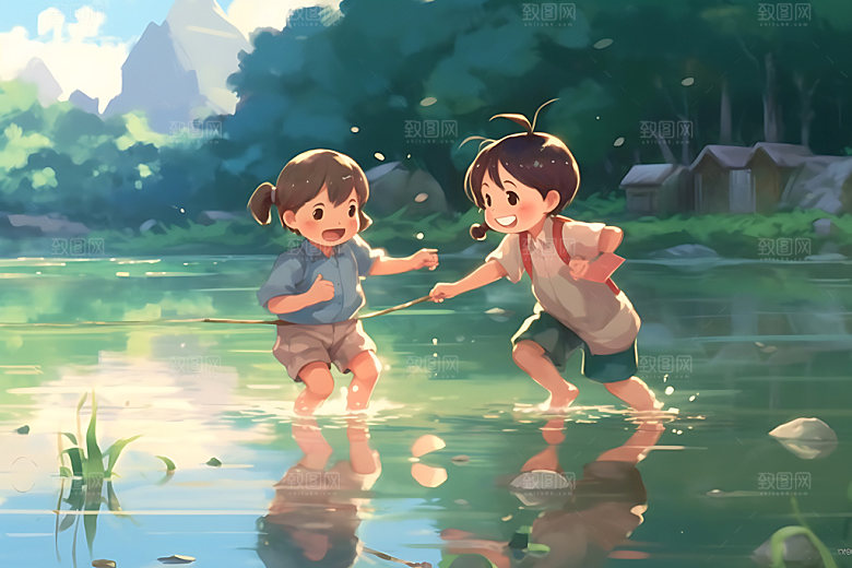 儿童玩水凉爽夏季插画