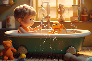儿童洗澡夏日夏天插画