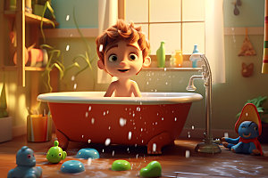 儿童洗澡清凉夏天插画