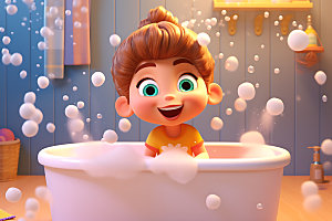 儿童洗澡泡澡夏天插画