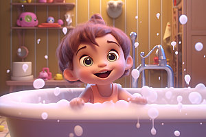 儿童洗澡消暑凉爽插画