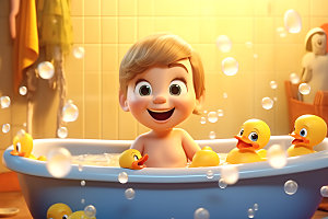 儿童洗澡可爱夏天插画