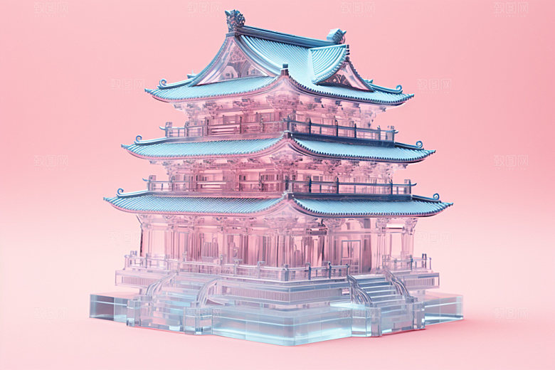 粉色玻璃建筑3D艺术模型