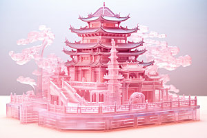 粉色玻璃建筑唯美立体模型
