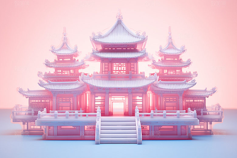 粉色玻璃建筑唯美立体模型