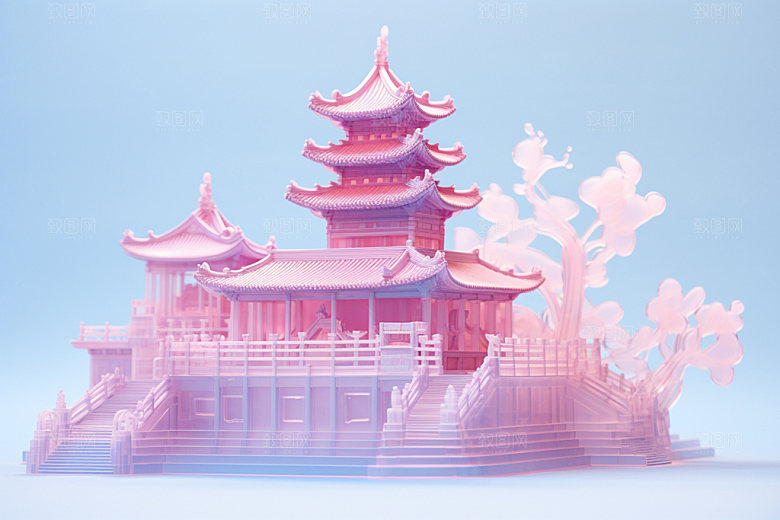 粉色玻璃建筑唯美新中式模型