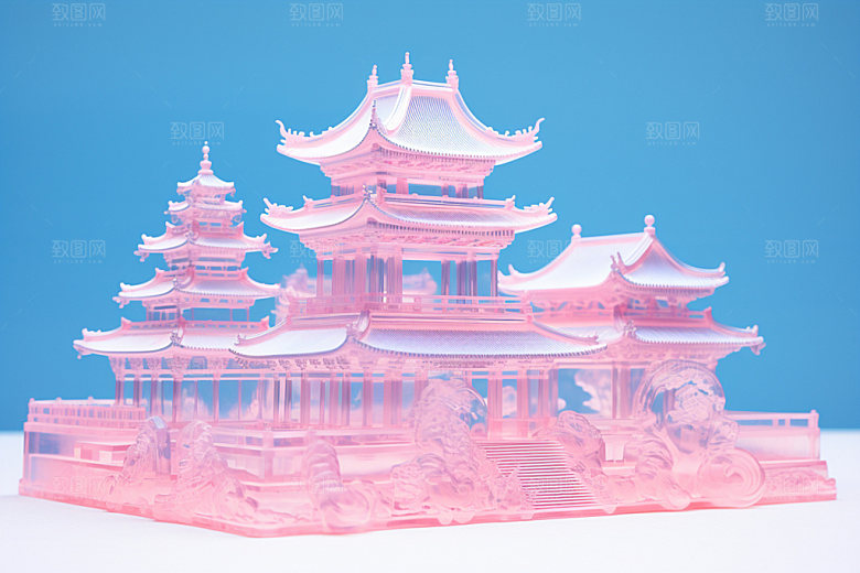 粉色玻璃建筑唯美时尚模型